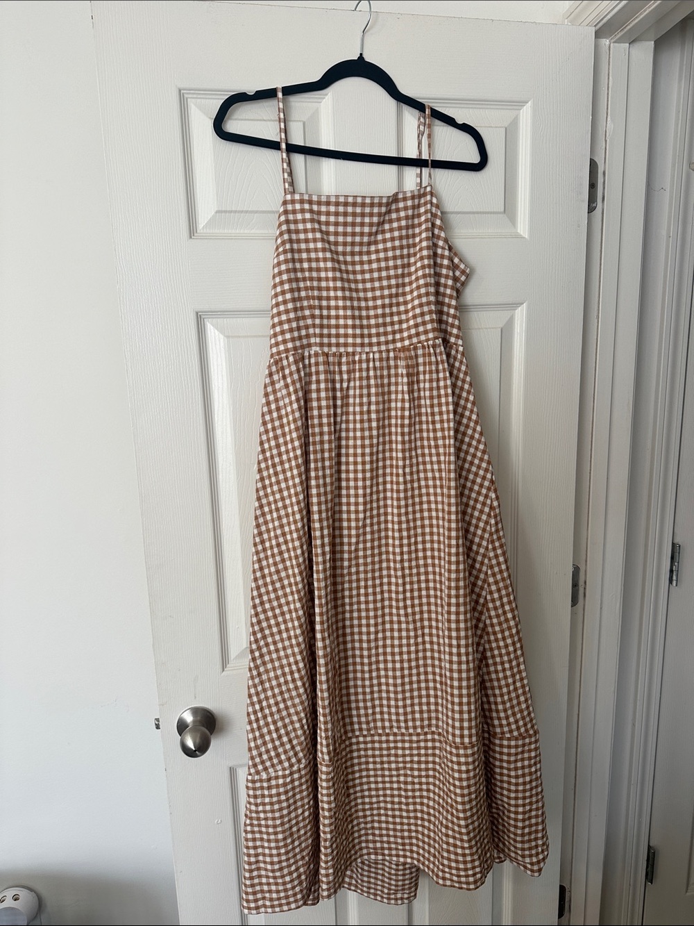Gingham Maxi Sundress in Neutral Brown